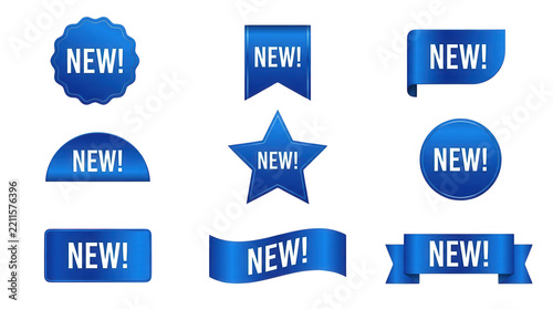 Set of blue new labels and banners isolated on transparent background