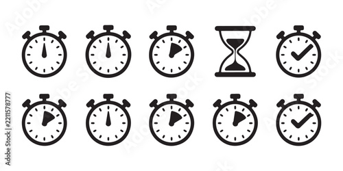 Stopwatch icon collection featuring diverse time tracking symbols on transparent grid for project management.