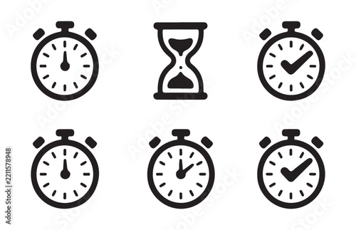 Minimalist time management icon set with black linear stopwatches and hourglass for digital interface design.