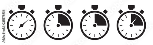 Black stopwatch icons set with different time intervals in linear style for timing measurement and sports.