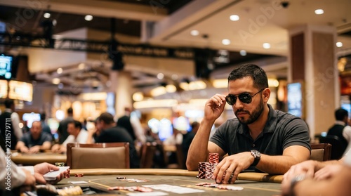 Focused gambler wearing sunglasses sitting at a poker table with chips. The intense atmosphere reflects the psychology of high stakes betting.