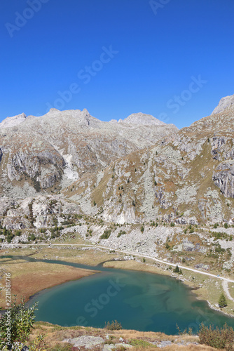 Small alpine lake surrounded by the Brenta Dolomites in Trentino, Italy