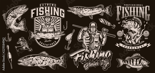 Fishermen and fish depicted in vintage