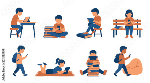 Children using digital devices and reading books in various seated poses