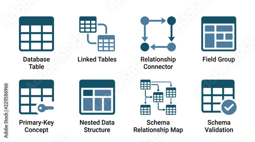 Collection of blue database table and data structure icons representing schema relationships and system architecture