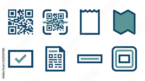 Collection of digital code and document icons in blue and green colors