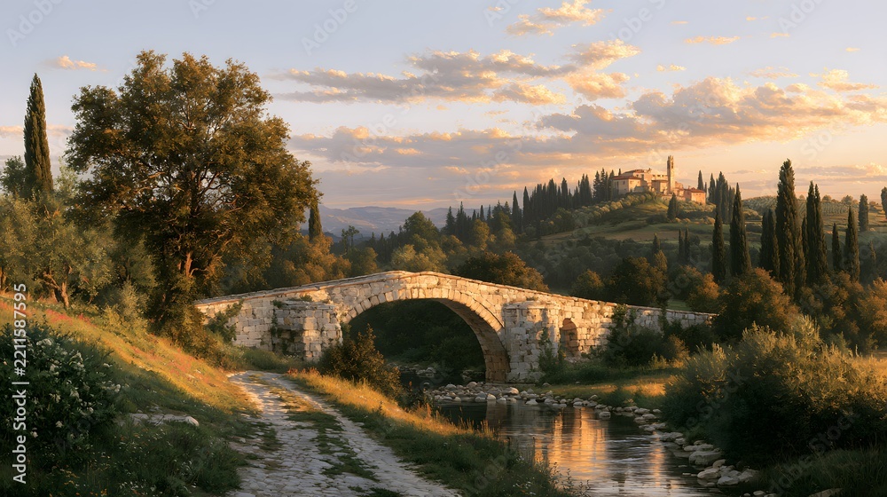 Fototapeta premium Pittura ad Olio di Paesaggio Toscano con Vigneti, Cipressi e Ponte Antico in Pietra al Tramonto, Ideale per Quadri da Parete e Promozione Turistica