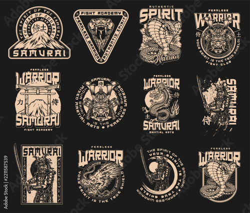 Nine vintage-style warrior and samurai insignias