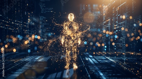 Glowing particle human figure stands in a futuristic digital data network.