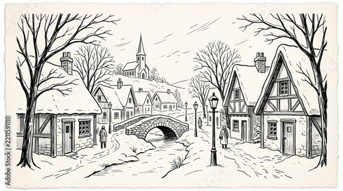 A winter village scene is depicted in a detailed hand drawn style illustration