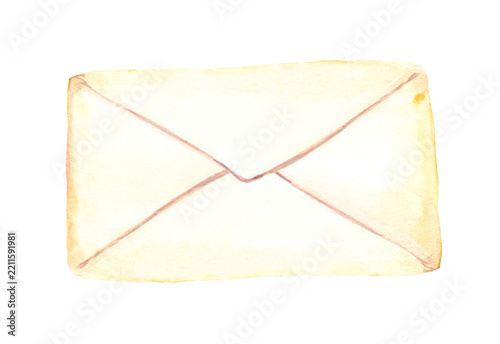 Watercolor rear view of a sealed cream envelope with visible folded flaps on a white background, designed for mail graphics, wedding stationery, packaging, and editorial layouts. Part of a coordinated