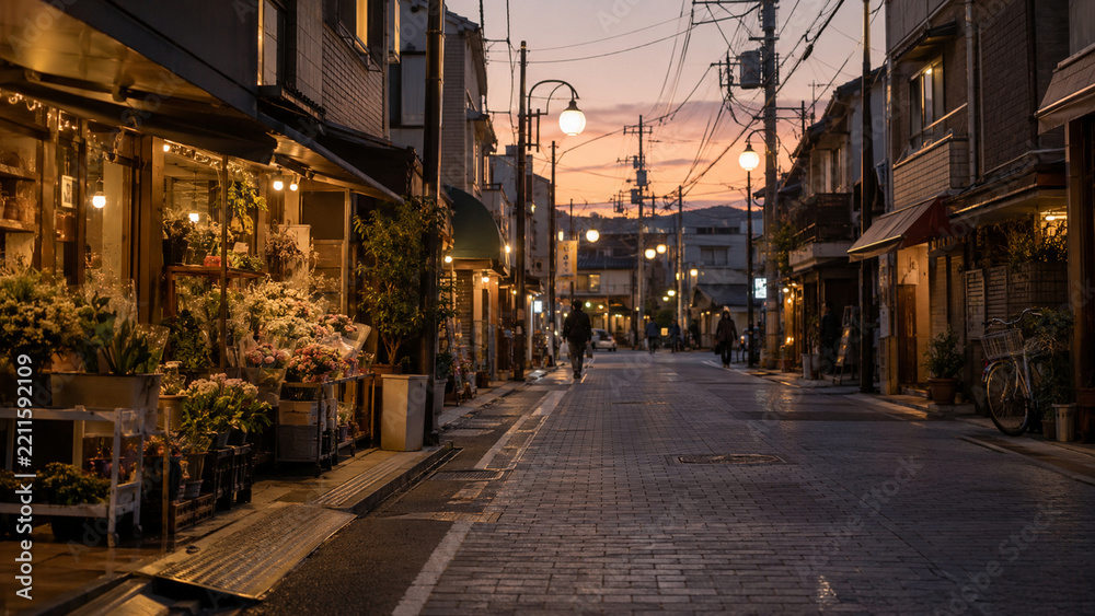 Fototapeta premium Everyday Life in a Japanese Local Neighborhood at Sunset