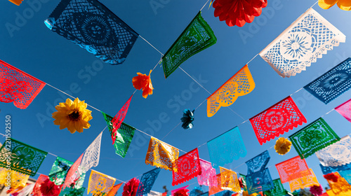 Vibrant mexican fiesta decorations under a clear blue sky rows of colorful papel picado banners and paper flowers strung across a sunny street low angle view looking up festive