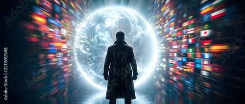 Man in trench coat views glowing digital globe with blurred world flags, symbolizing global data connection