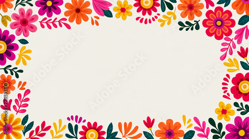 National hispanic heritage month celebration banner with colorful floral decorations garlands of folk flowers and leaves in pink orange red and yellow along the top and sides