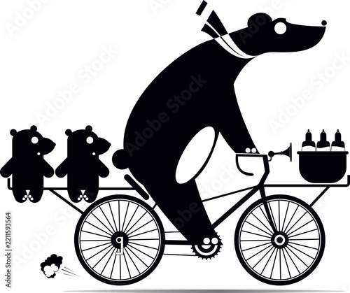 Bear  family. Cute female bear, a bicycle and bear cubs