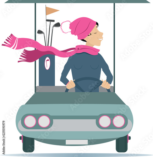 Golfer woman rides the golf cart. Cold weather