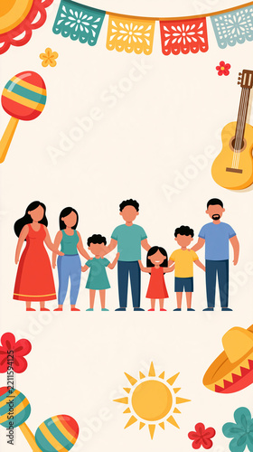 Hispanic heritage month educational design with family group illustrations and cultural symbols faceless flat characters of latino family members in a row surrounded by maracas