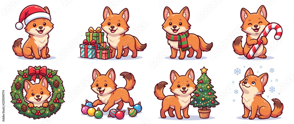 Fototapeta premium Set of 8 cute fox character illustrations arranged in a neat grid featuring festive poses with winter holiday decorations for cheerful seasonal design
