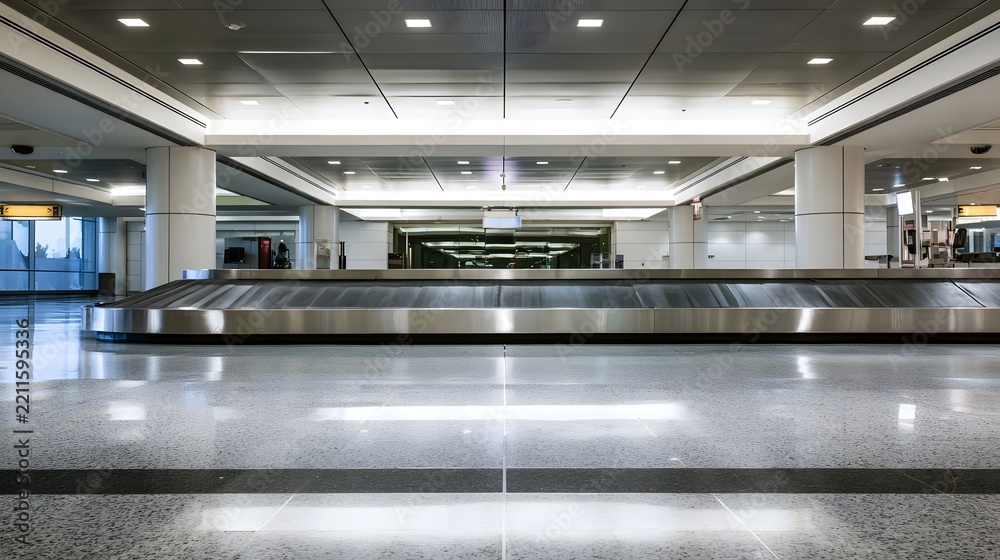Fototapeta premium An empty airport baggage claim area with polished floors overhead lighting and a curved conveyor belt under a modern ceiling structure