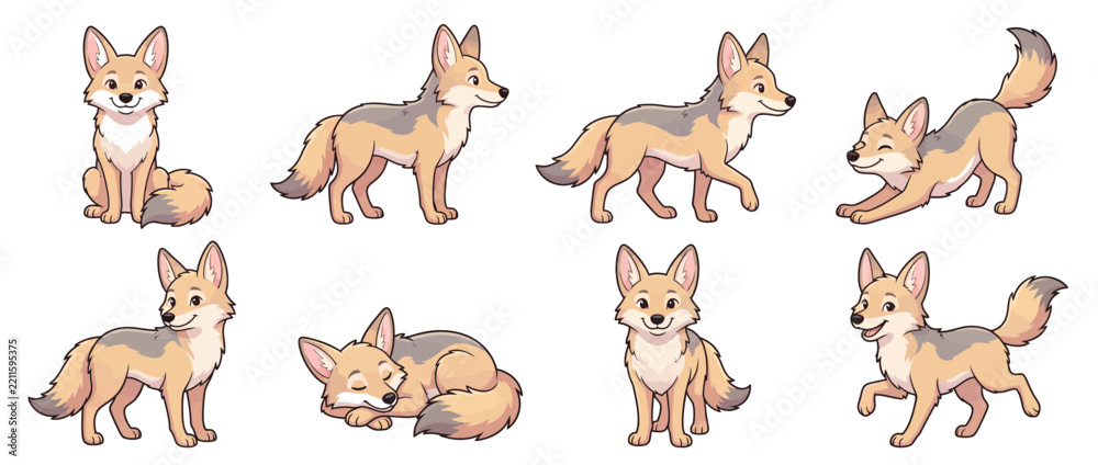 Fototapeta premium Set of 8 cute coyote animal character vector illustrations arranged in a clean grid showing varied playful poses like sitting standing and stretching