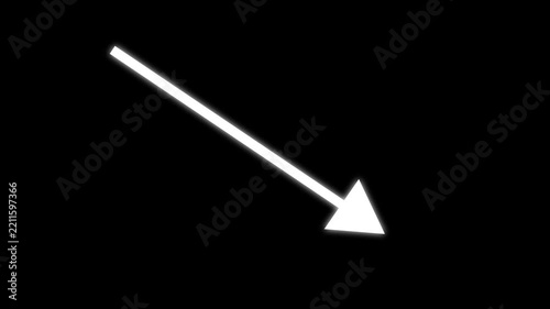 White arrow icon pointing down to right corner on black background motion graphic animation