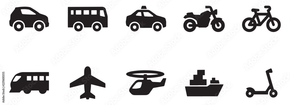 Obraz premium Transportation icon set featuring minimalist black silhouettes of cars bus train and air travel vehicles.