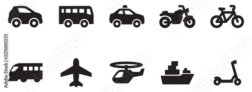 Transportation icon set featuring minimalist black silhouettes of cars bus train and air travel vehicles.