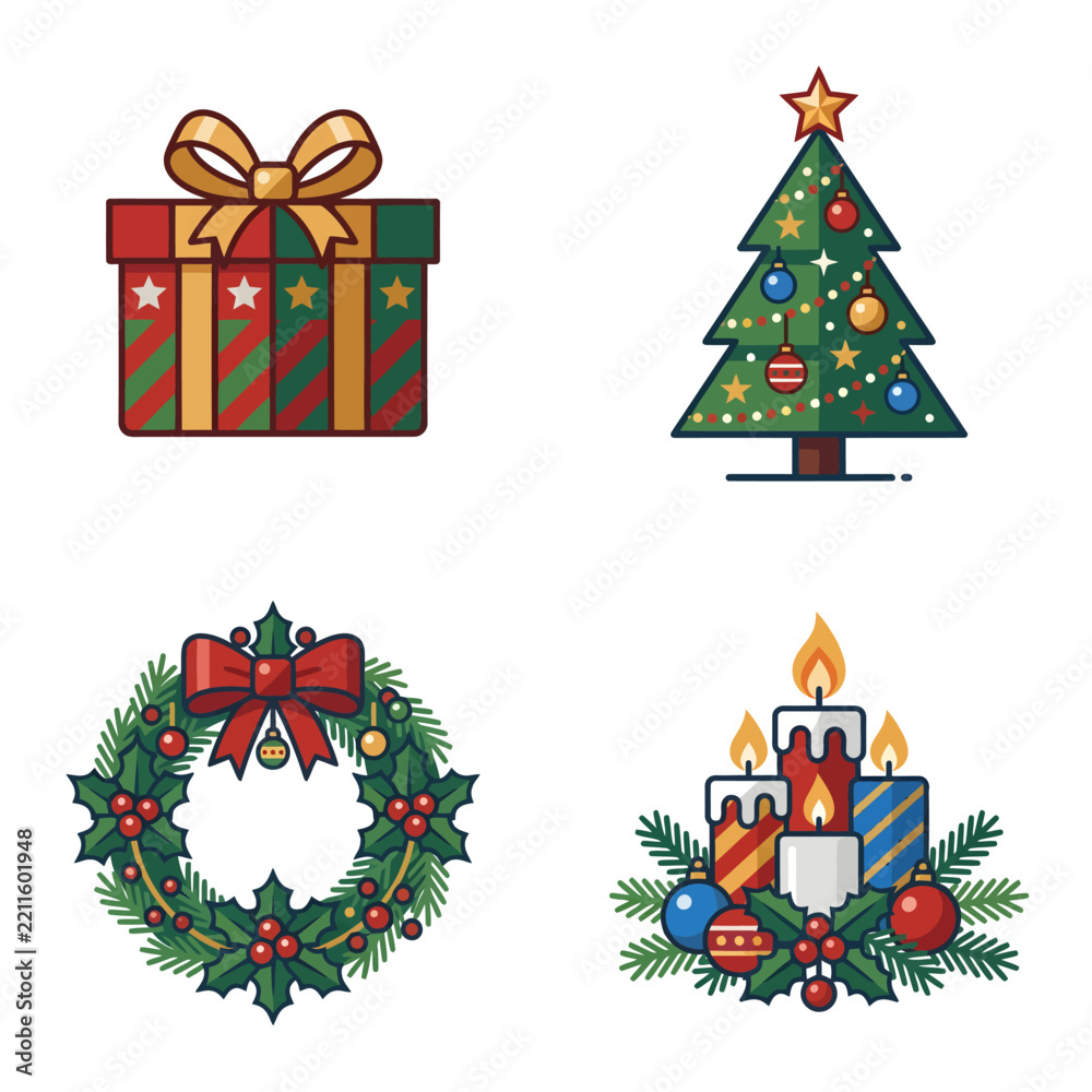 Fototapeta premium Festive Christmas Decorations with Gift Box Tree Wreath and Candle Arrangement.