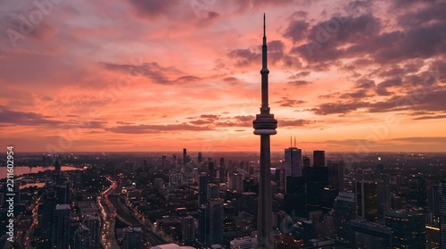 Vibrant city skyline aerial at sunset, with an iconic observation tower dominating the urban landscape below.
