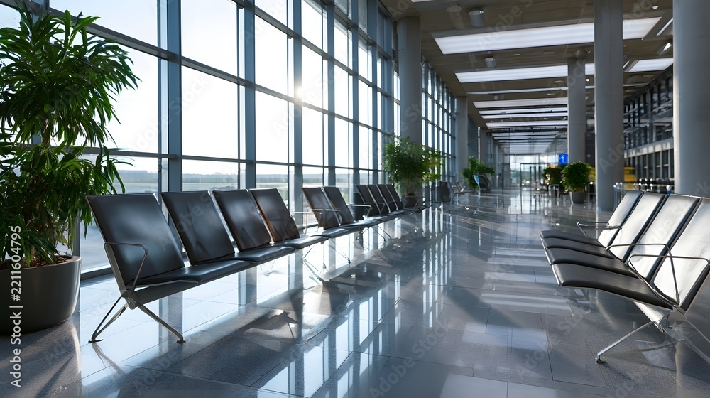 Fototapeta premium Modern airport terminal with rows of empty seating large and polished floors reflecting sunlight