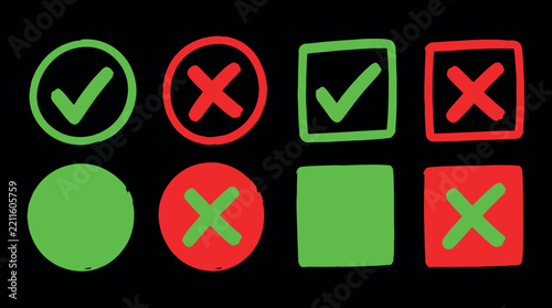 Hand drawn green check marks and red cross icons