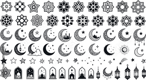 Islamic pattern set with geometric stars, crescents and lanterns