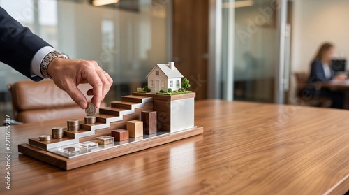 Hand placing coin on property growth model with miniature house