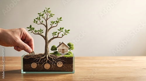 Tree and house model representing sustainable property investment growth