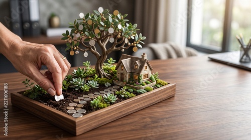 Miniature house and money tree representing real estate investment