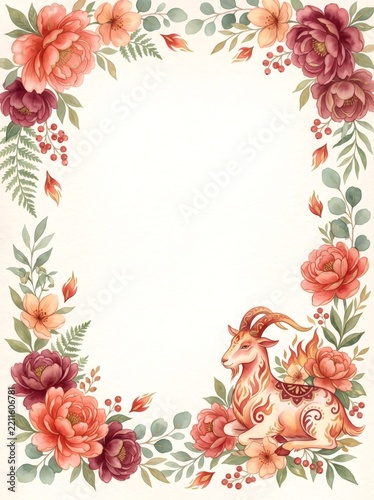 Fire goat watercolor frame with floral botanical elements