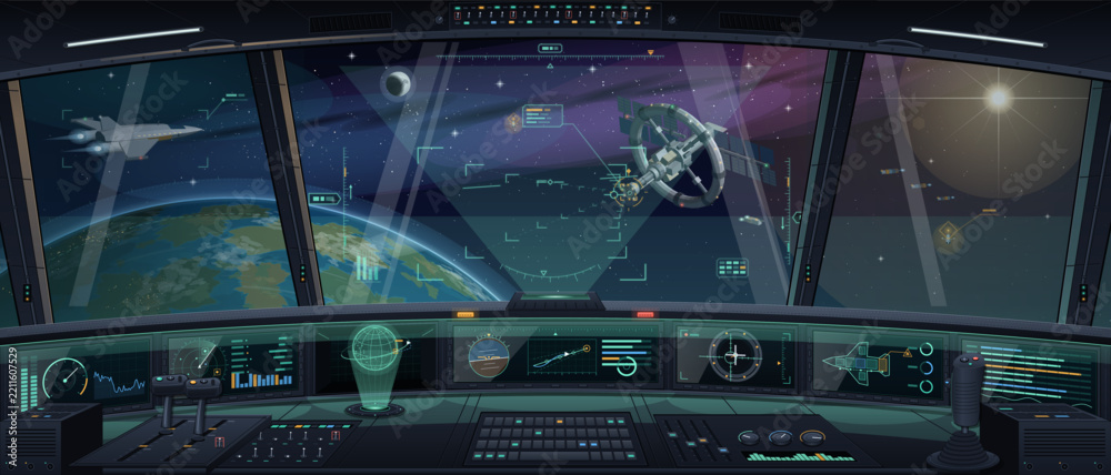 Fototapeta premium Spaceship cockpit view with Earth and space station