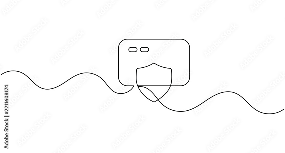 Obraz premium Credit card with shield protection continuous line drawing minimalist payment finance editable stroke vector illustration