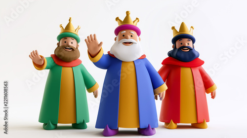 Three wise men cartoon characters waving with golden crowns on white background, 3d render of magi kings for christmas and epiphany concept. 