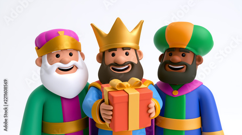 Three wise men cartoon characters holding gift box with golden crown on white background, 3d render of magi kings for christmas and epiphany concept. 
