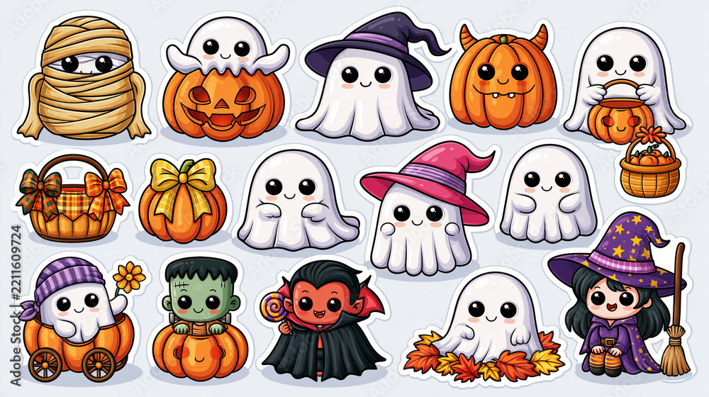 Fototapeta premium Set of 15 chubby cartoon Halloween characters on a white background, glossy sticker-style rendering with soft highlights, big round eyes and simple smiles, mummy in tan bandages, g
