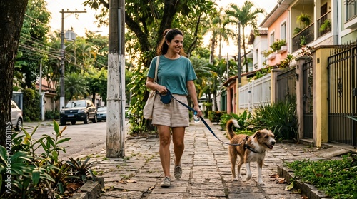 Mulher caminhando com cachorro em calçada tranquila no fim da tarde, registro natural do cotidiano para campanhas de pets, bem-estar, lazer e vida urbana