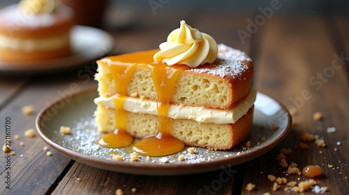 Slice of moist sponge cake topped with whipped cream and caramel sauce