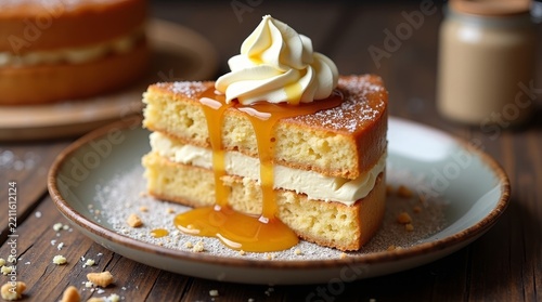 Slice of moist sponge cake topped with whipped cream and caramel sauce
