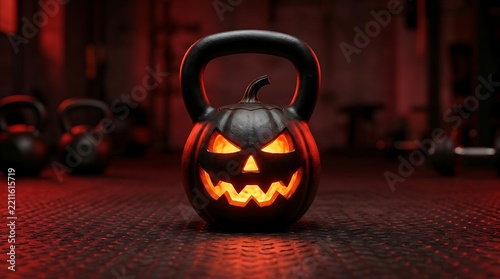 Scary jack o lantern kettlebell glowing with orange light in gym.