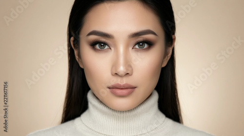Portrait of a young woman with dark hair and neutral makeup, wearing a white turtleneck against a soft beige background