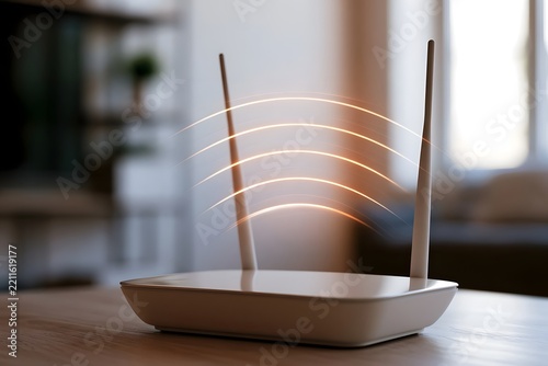 A sleek white wireless router with two antennas emitting glowing curved lines  placed on a wooden surface in a softly lit room