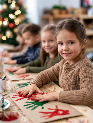 Children creating christmas handprint art in classroom