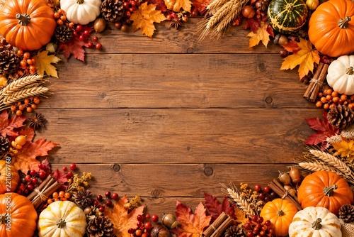 Thanksgiving Autumn Harvest Border with Pumpkins and Copy Space